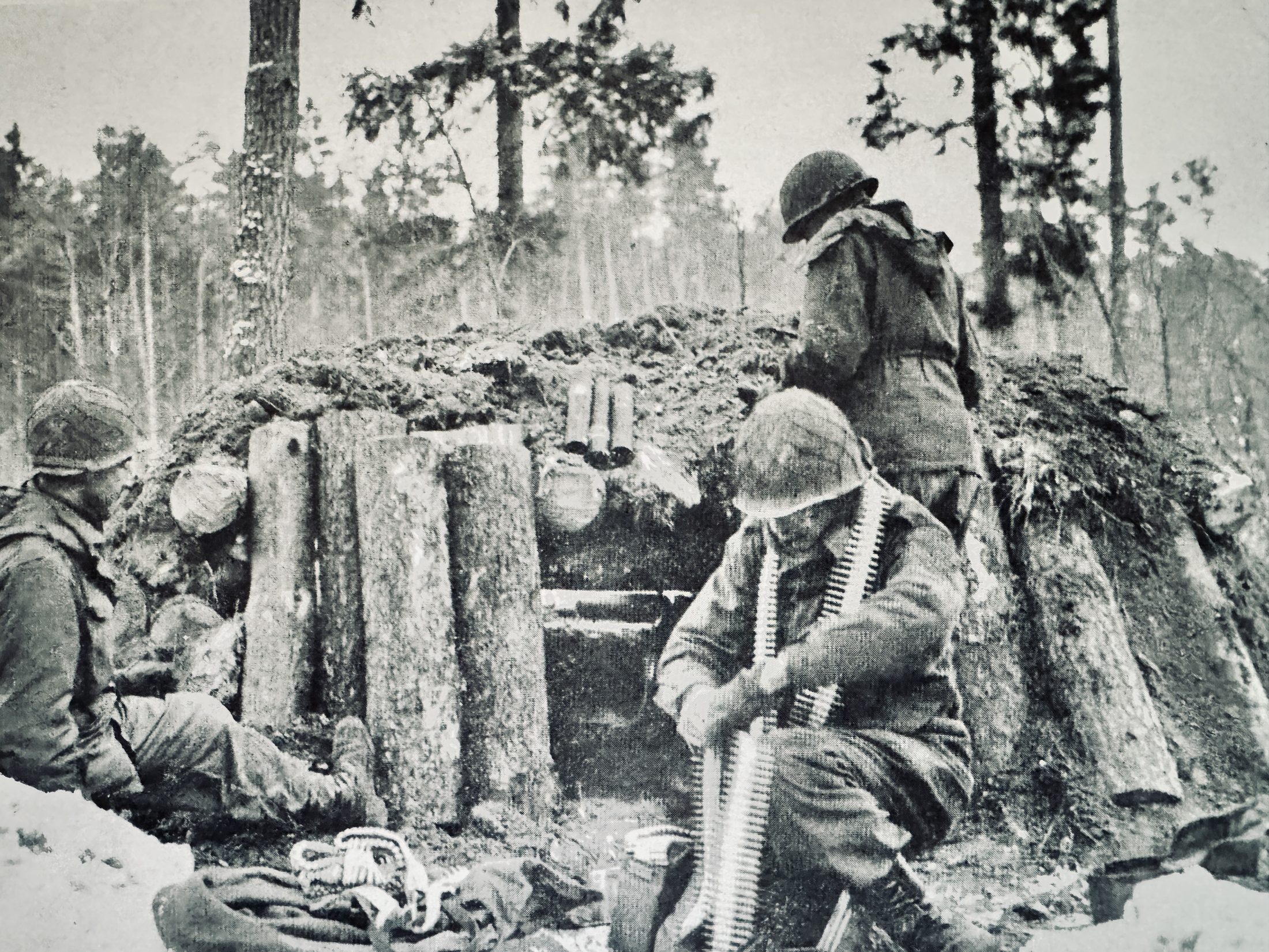 42nd Rainbow Division machine-gun emplacement in Alsace during Operation Nordwind, winter 1944